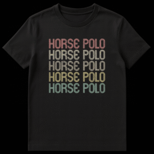 Vintage retro striped HORSE POLO text t-shirt in salmon, beige, khaki, gold, teal colors on black background, distressed effect on Black t-shirt