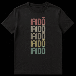 Iaido Practitioner T-Shirt with repeating 'IAIDŌ' text in vintage striped font and earthy colors on black background, Japanese martial art apparel on Black t-shirt