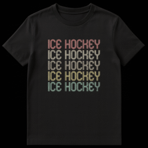 ICE HOCKEY Repeated Text T-Shirt with vintage multi-line typography and gradient colors on a black background on Black t-shirt