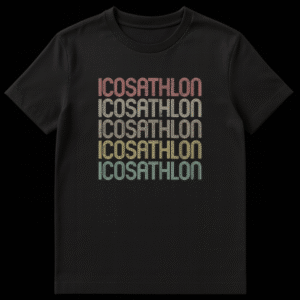Icosathlon multi-sport event t-shirt with distressed retro text in muted earthy colors on a black background, appealing to athletes and humor enthusiasts. on Black t-shirt