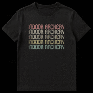 Vintage Retro Indoor Archery T-Shirt with repeated bold text and distressed gradient colors on black on Black t-shirt