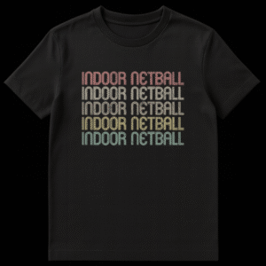 Retro 70s/80s style "INDOOR NETBALL" stacked text design t-shirt with muted rainbow gradient colors on a black background, vintage distressed effect. on Black t-shirt