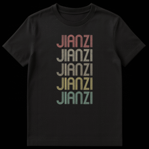 Jianzi t-shirt with retro 70s gradient typography of the word 'JIANZI' repeated five times on a black background on Black t-shirt