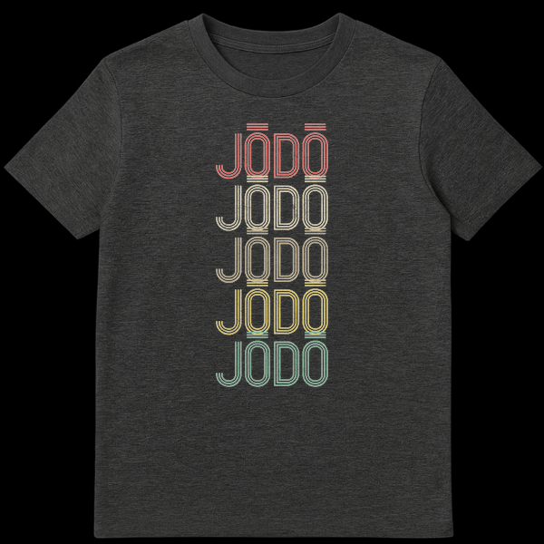 Vintage Jōdō Martial Art T-Shirt for practitioners with distressed multi-color text on Dark Heather t-shirt