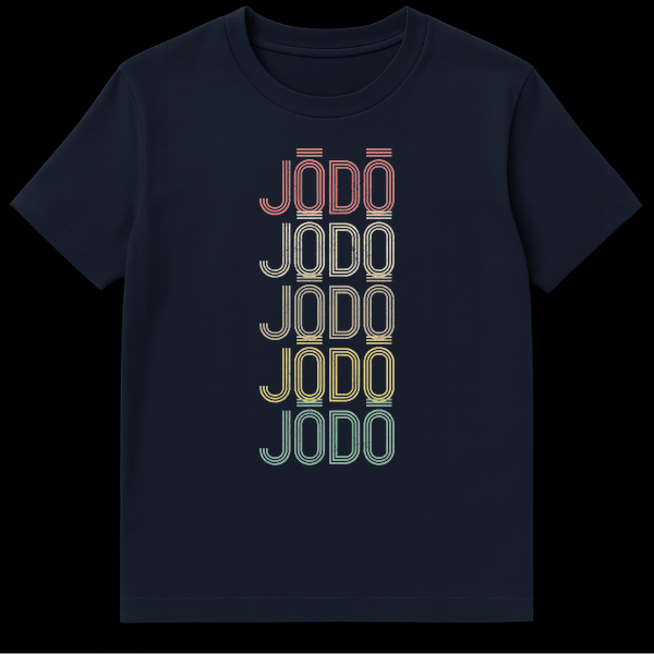 Vintage Jōdō Martial Art T-Shirt for practitioners with distressed multi-color text on Navy Blue t-shirt