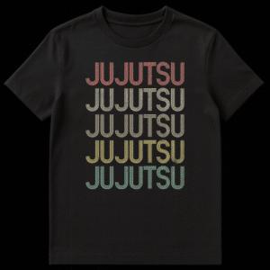 Retro Jujutsu T-Shirt with stacked distressed text in muted earthy colors on a black background on Black t-shirt