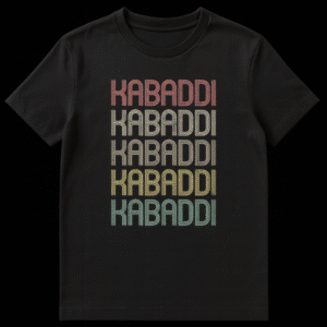 Retro Kabaddi t-shirt with stacked, distressed 'KABADDI' text in muted rainbow colors on black background on Black t-shirt