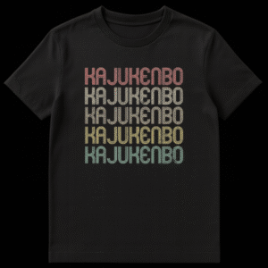 Vintage 'KAJUKENBO' martial art t-shirt in stacked, striped font with retro colors on black background on Black t-shirt