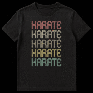 Vintage style t-shirt with the word KARATE repeated five times vertically in different distressed, retro colors on a black background on Black t-shirt