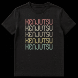 Vintage Kenjutsu Japanese Martial Arts T-Shirt with faded multi-colored typography on black on Black t-shirt