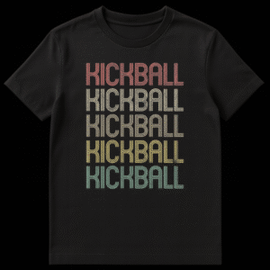 Retro style Kickball t-shirt with 'KICKBALL' repeated five times in multi-color distressed outline text on a black background on Black t-shirt