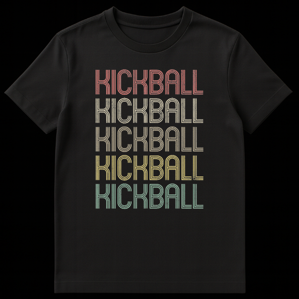 Retro style Kickball t-shirt with 'KICKBALL' repeated five times in multi-color distressed outline text on a black background on Black t-shirt