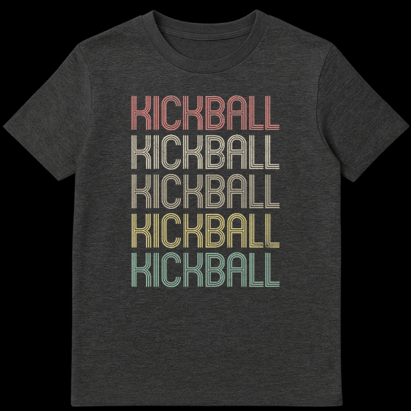 Retro style Kickball t-shirt with 'KICKBALL' repeated five times in multi-color distressed outline text on a black background on Dark Heather t-shirt