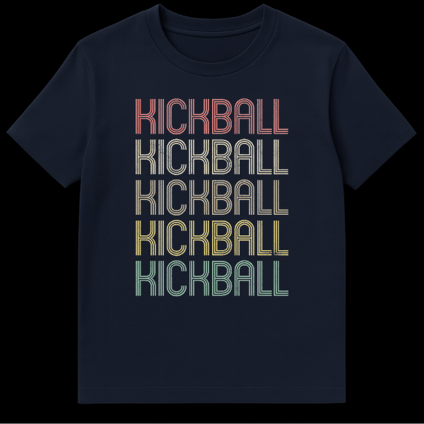 Retro style Kickball t-shirt with 'KICKBALL' repeated five times in multi-color distressed outline text on a black background on Navy Blue t-shirt