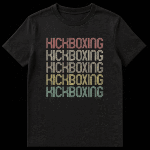 Retro KICKBOXING t-shirt design with repeated, faded text in a striped, vintage typography and muted gradient colors on a black background on Black t-shirt