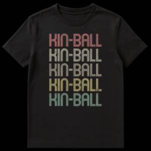Retro Kin-Ball t-shirt with stacked gradient typography, text KIN-BALL repeated in vintage style colors on black. on Black t-shirt