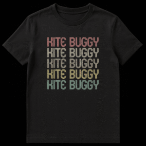 Retro distressed KITE BUGGY stacked text design t-shirt for wind sports enthusiasts on Black t-shirt