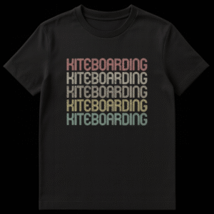 Vintage Kiteboarding T-Shirt with stacked, multi-line retro typography in a gradient of earthy colors on a black background. on Black t-shirt