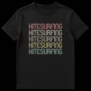 Kitesurfing Repetition T-Shirt with stacked text in vintage colors on black background on Black t-shirt