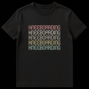 Kneeboarding Unisex T-Shirt with repeated retro text in a gradient of warm, muted colors against a black background. on Black t-shirt
