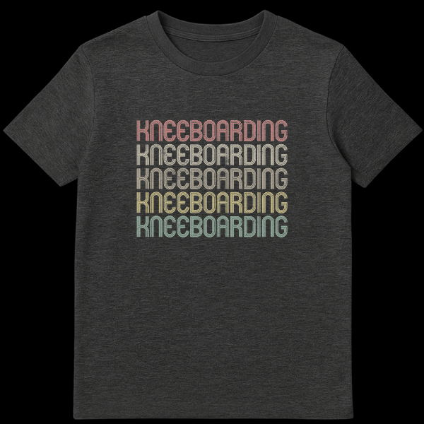 Kneeboarding Unisex T-Shirt with repeated retro text in a gradient of warm, muted colors against a black background. on Dark Heather t-shirt