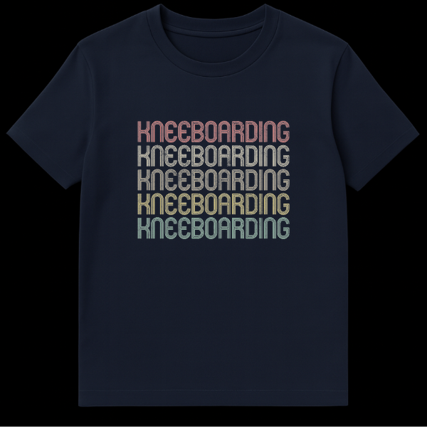 Kneeboarding Unisex T-Shirt with repeated retro text in a gradient of warm, muted colors against a black background. on Navy Blue t-shirt