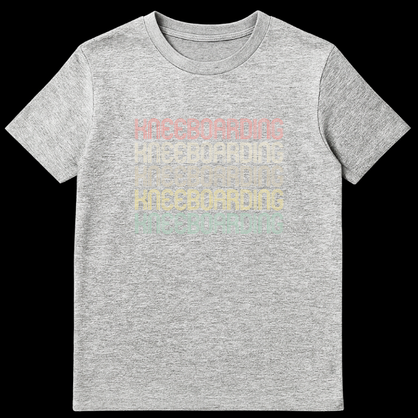 Kneeboarding Unisex T-Shirt with repeated retro text in a gradient of warm, muted colors against a black background. on Sports Grey t-shirt
