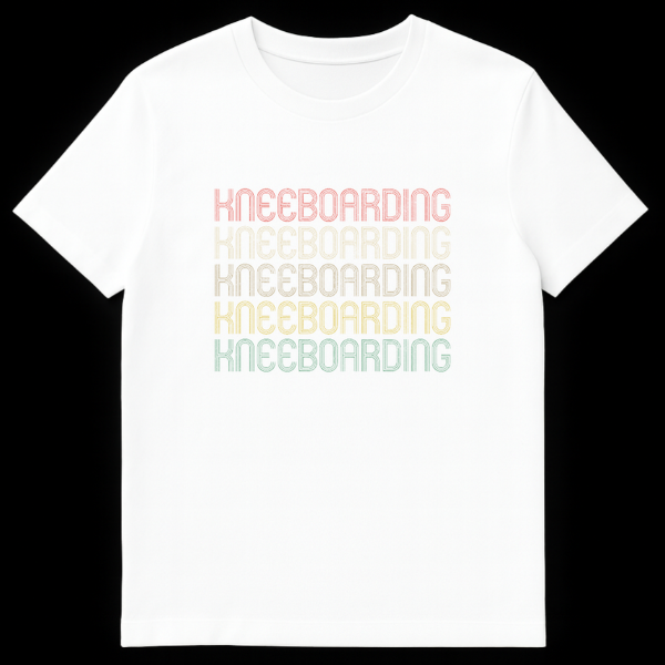 Kneeboarding Unisex T-Shirt with repeated retro text in a gradient of warm, muted colors against a black background. on White t-shirt