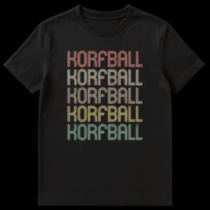 Vintage Korfball t-shirt with repeated KORFBALL text in retro colors on black background, perfect for Korfball players and fans. on Black t-shirt