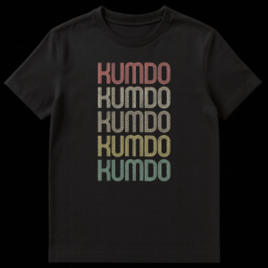 Vintage Kumdo T-shirt with distressed, multi-lined text in retro 80s style, gradient colors from pink to teal on black background on Black t-shirt