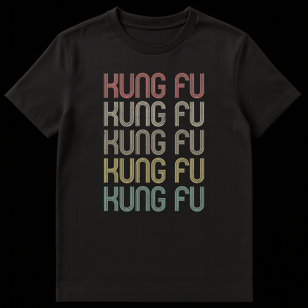 Retro Kung Fu T-Shirt with stacked distressed text in 70s/80s style colors on a black background, featuring the words 'KUNG FU' repeated five times. on Black t-shirt