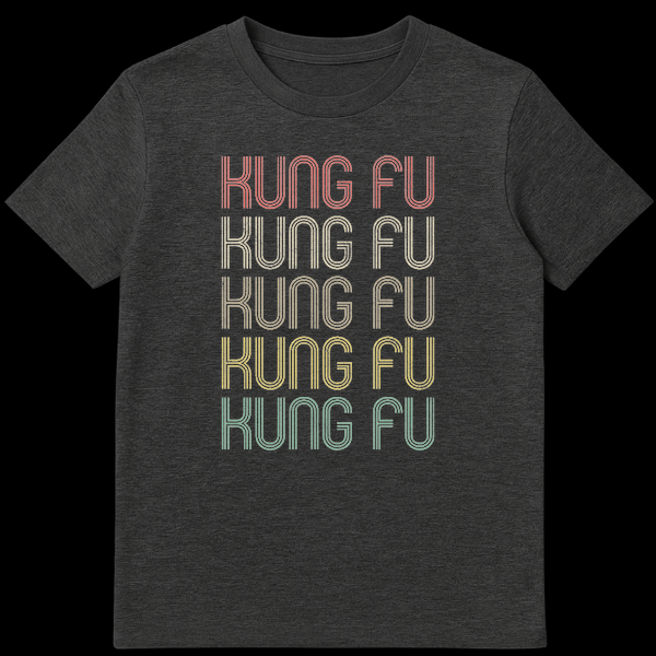 Retro Kung Fu T-Shirt with stacked distressed text in 70s/80s style colors on a black background, featuring the words 'KUNG FU' repeated five times. on Dark Heather t-shirt