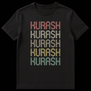 Kurash Repeated Name T-Shirt, vintage typography, distressed text, earthy gradient colors on black background, personalized name design. on Black t-shirt