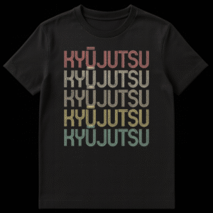 Vintage Kyū Jutsu Japanese Archery Martial Arts T-Shirt with stacked, multi-color text on black background on Black t-shirt