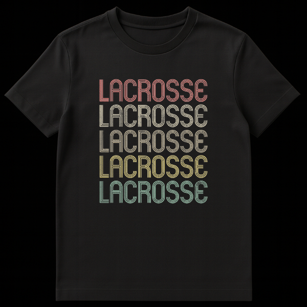 Vintage Stacked LACROSSE T-Shirt with retro typography and distressed text in graduated muted colors on black background on Black t-shirt