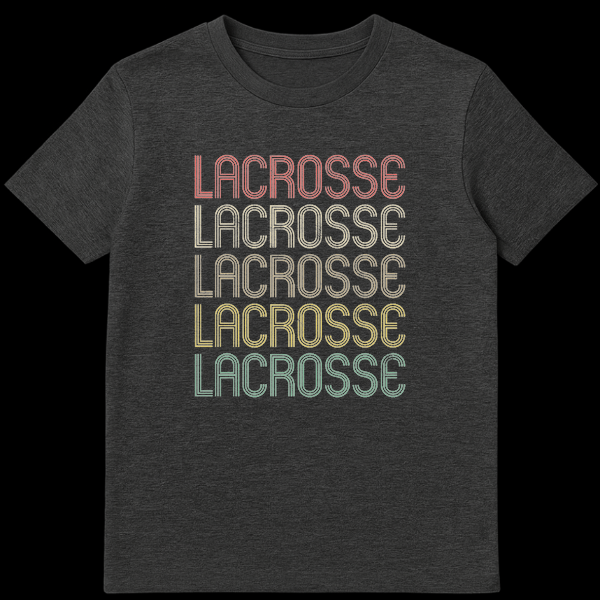 Vintage Stacked LACROSSE T-Shirt with retro typography and distressed text in graduated muted colors on black background on Dark Heather t-shirt