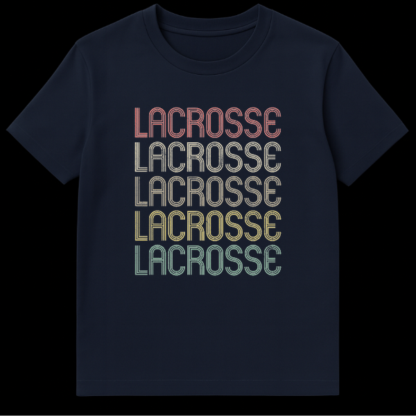 Vintage Stacked LACROSSE T-Shirt with retro typography and distressed text in graduated muted colors on black background on Navy Blue t-shirt