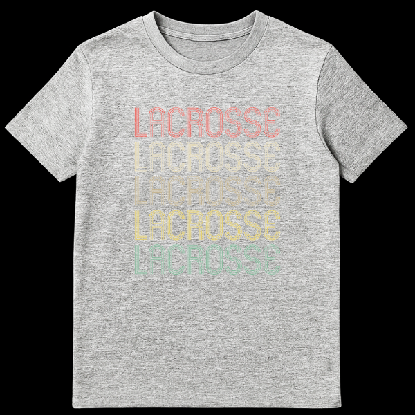 Vintage Stacked LACROSSE T-Shirt with retro typography and distressed text in graduated muted colors on black background on Sports Grey t-shirt