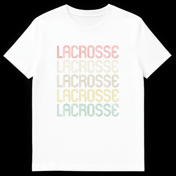 Vintage Stacked LACROSSE T-Shirt with retro typography and distressed text in graduated muted colors on black background on White t-shirt