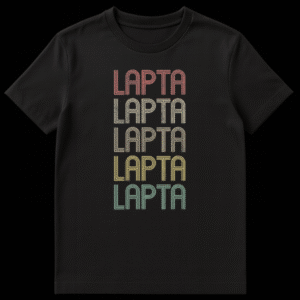 Lapta retro typography t-shirt featuring the word LAPTA repeated in vintage colors on a black background, referencing the traditional Russian game. on Black t-shirt