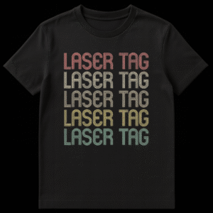 Retro Laser Tag Enthusiast T-Shirt with stacked 'LASER TAG' text in vintage 70s/80s style with muted colors and distressed effect on a black tee on Black t-shirt
