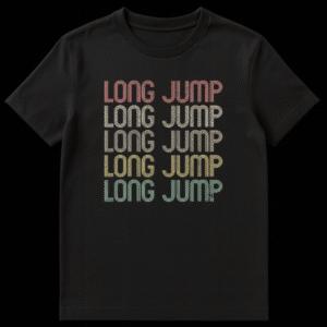 Retro Long Jump T-Shirt with stacked distressed text in a vintage athletic style and earthy gradient colors. on Black t-shirt
