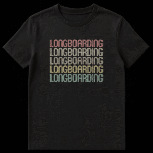 Black t-shirt with repeated 'LONGBOARDING' text in stacked, multi-line vintage style with gradient colors. on Black t-shirt