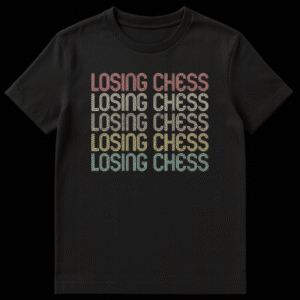 Retro 'LOSING CHESS' T-Shirt in stacked vintage font with gradient earthy colors on a black tee, perfect for chess players. on Black t-shirt