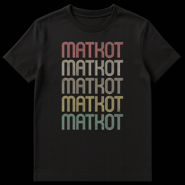 Matkot Enthusiast Unisex T-Shirt featuring "MATKOT" repeated five times in a retro 70s/80s distressed gradient font on a black background. on Black t-shirt