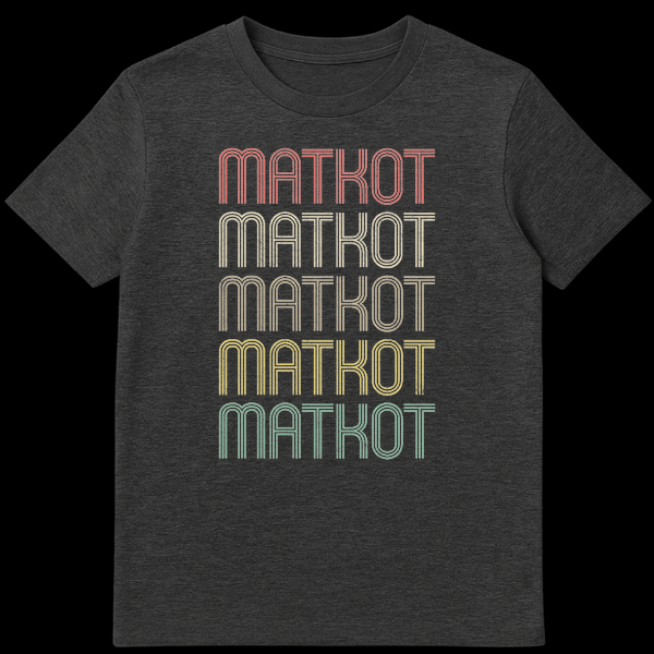 Matkot Enthusiast Unisex T-Shirt featuring "MATKOT" repeated five times in a retro 70s/80s distressed gradient font on a black background. on Dark Heather t-shirt