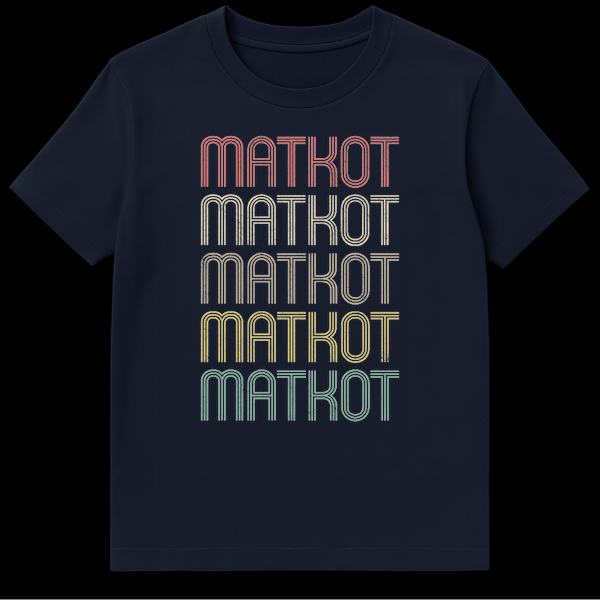 Matkot Enthusiast Unisex T-Shirt featuring "MATKOT" repeated five times in a retro 70s/80s distressed gradient font on a black background. on Navy Blue t-shirt