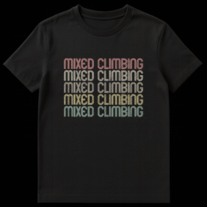 Retro gradient Mixed Climbing t-shirt with distressed, outlined text for mountaineers and ice climbers on Black t-shirt