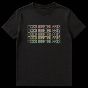 Vintage Stacked Mixed Martial Arts T-Shirt with retro distressed text in a faded rainbow spectrum on a black background on Black t-shirt
