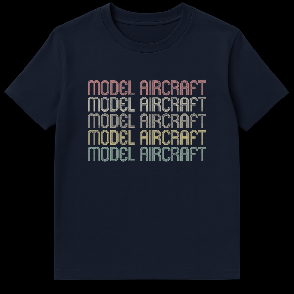 Vintage retro 'MODEL AIRCRAFT' stacked typography t-shirt with distressed multi-line letters in muted red, beige, yellow, olive, and teal on a black background, representing a passion for model aviation. on Navy Blue t-shirt